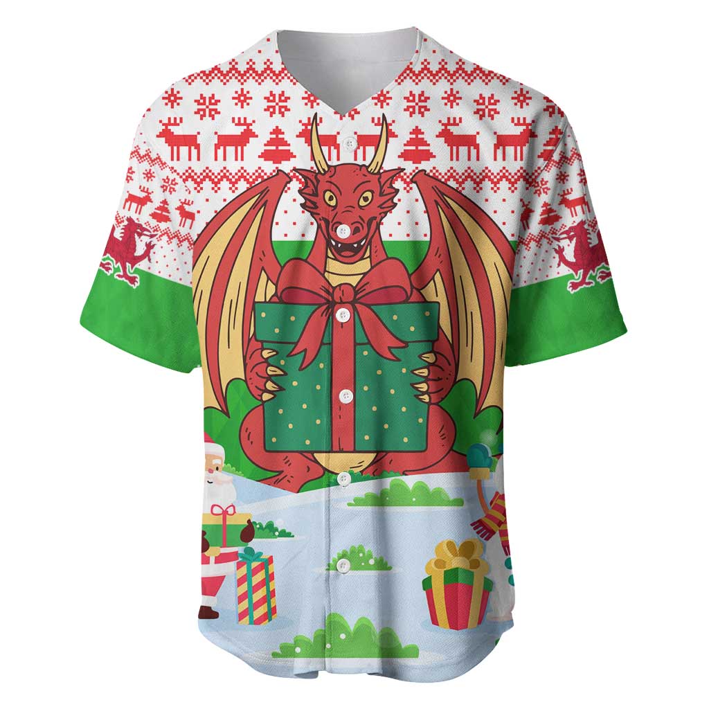 Wales Christmas Baseball Jersey with Red Dragon Gift and Holiday Crest Snow Scene - Wonder Print Shop