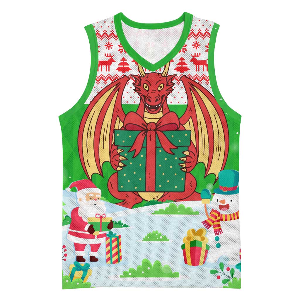 Wales Christmas Basketball Jersey with Red Dragon Gift and Holiday Crest Snow Scene - Wonder Print Shop