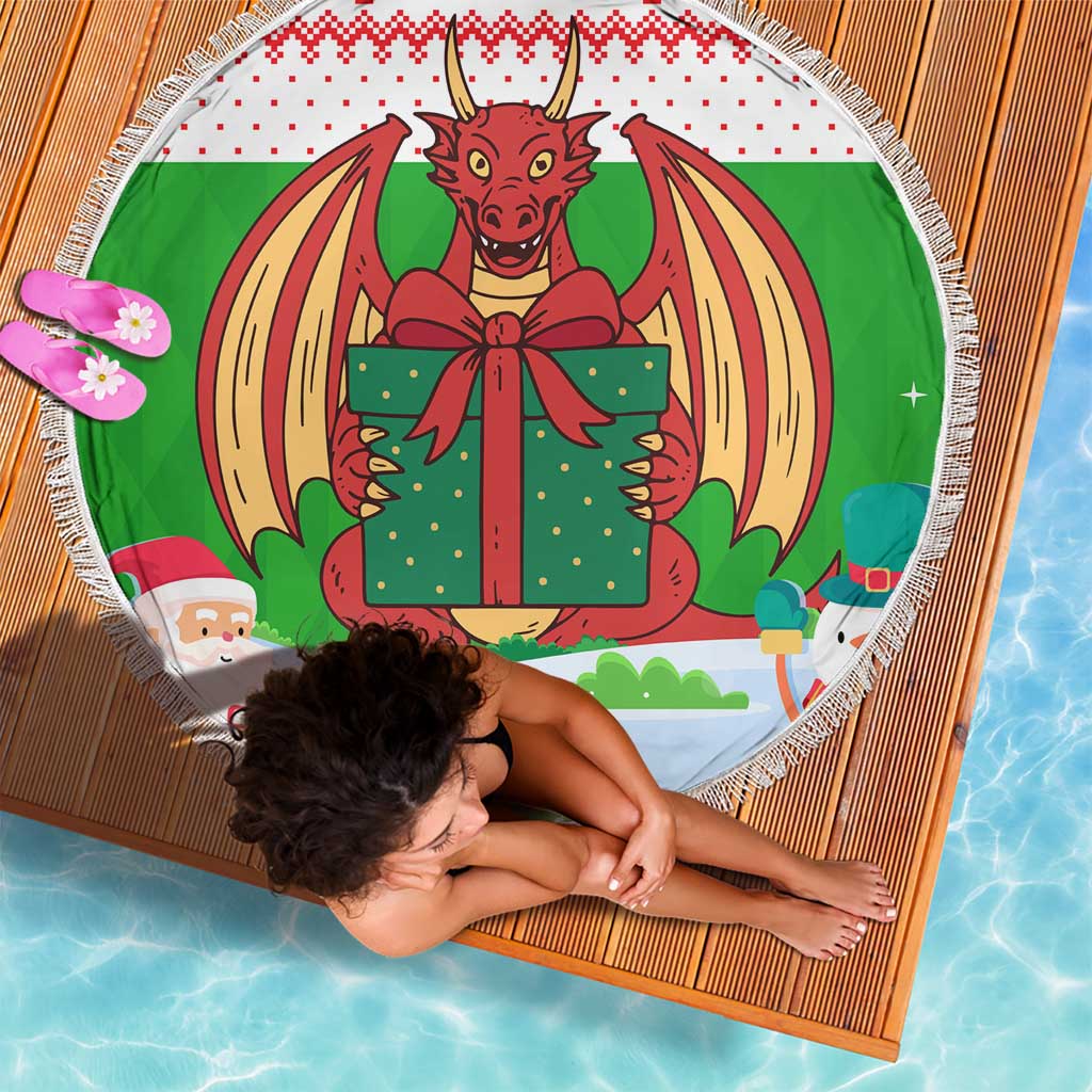 Wales Christmas Beach Blanket with Red Dragon Gift and Holiday Crest Snow Scene - Wonder Print Shop