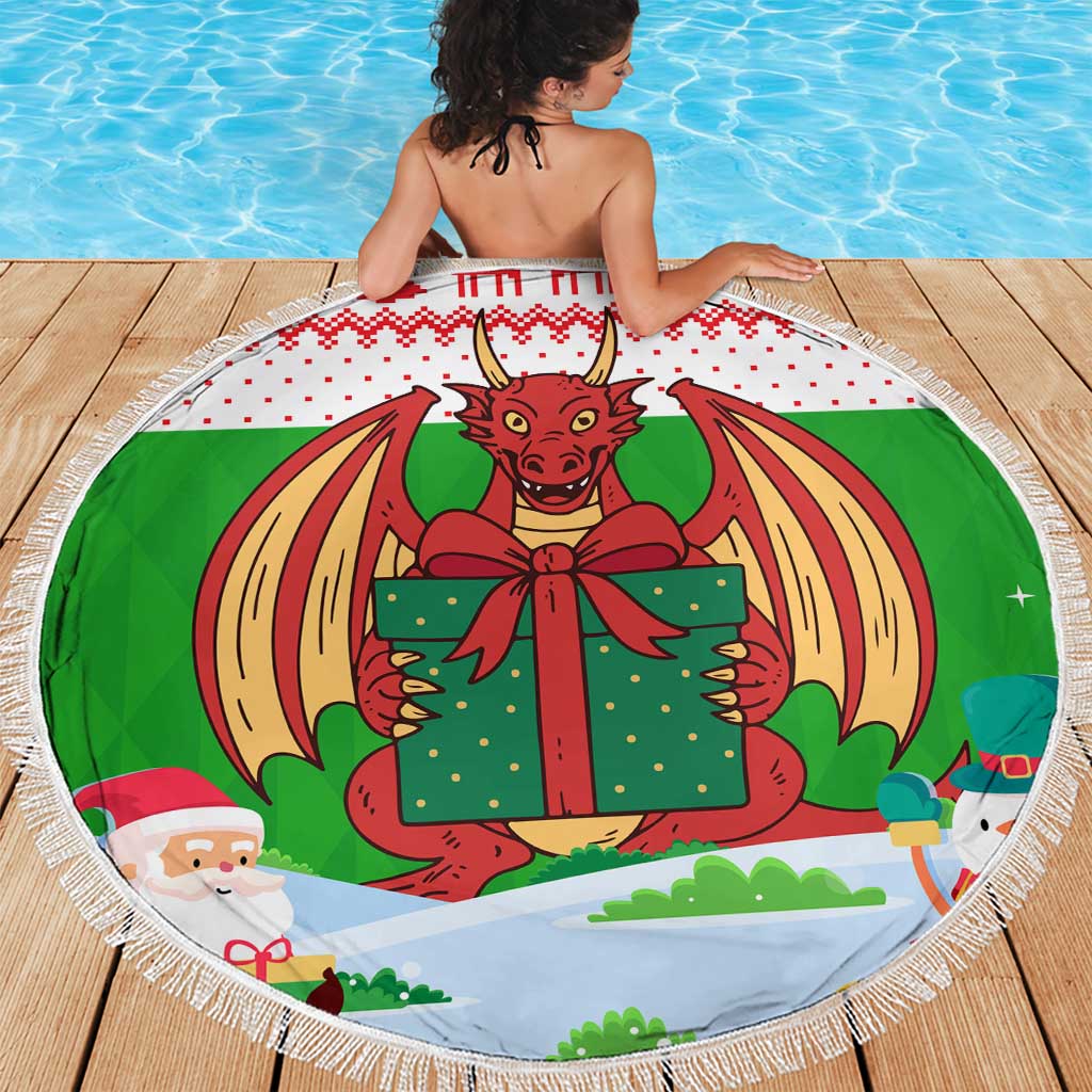 Wales Christmas Beach Blanket with Red Dragon Gift and Holiday Crest Snow Scene - Wonder Print Shop