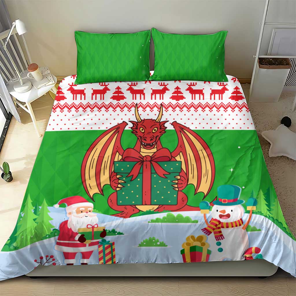 Wales Christmas Bedding Set with Red Dragon Gift and Holiday Crest Snow Scene - Wonder Print Shop