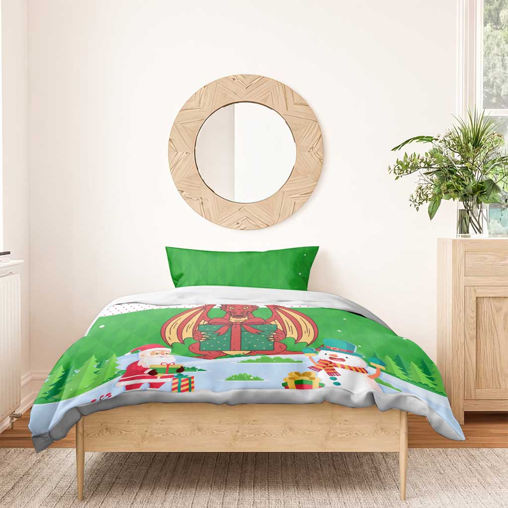 Wales Christmas Bedding Set with Red Dragon Gift and Holiday Crest Snow Scene - Wonder Print Shop
