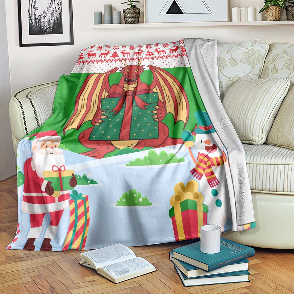 Wales Christmas Blanket with Red Dragon Gift and Holiday Crest Snow Scene - Wonder Print Shop