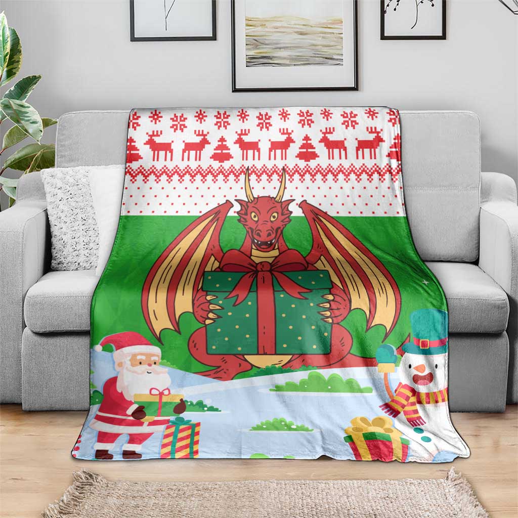 Wales Christmas Blanket with Red Dragon Gift and Holiday Crest Snow Scene - Wonder Print Shop