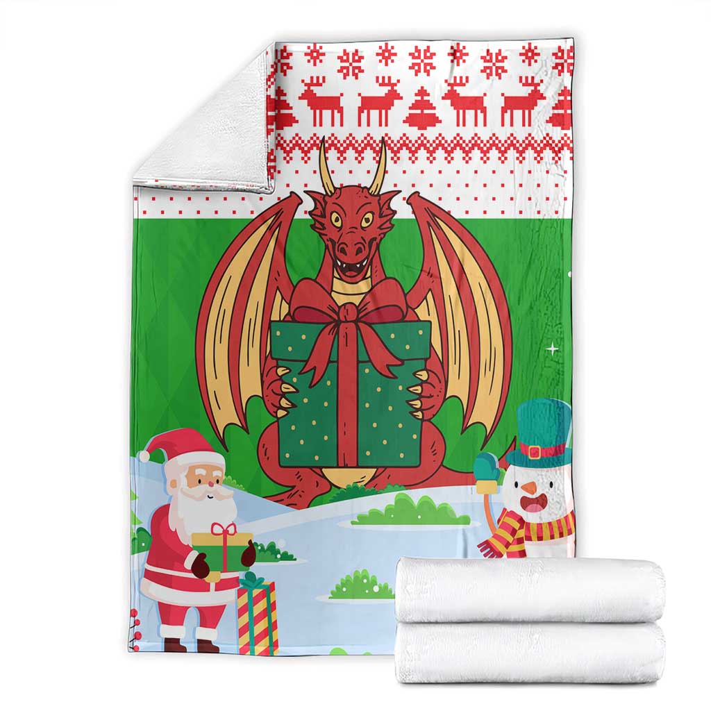 Wales Christmas Blanket with Red Dragon Gift and Holiday Crest Snow Scene - Wonder Print Shop