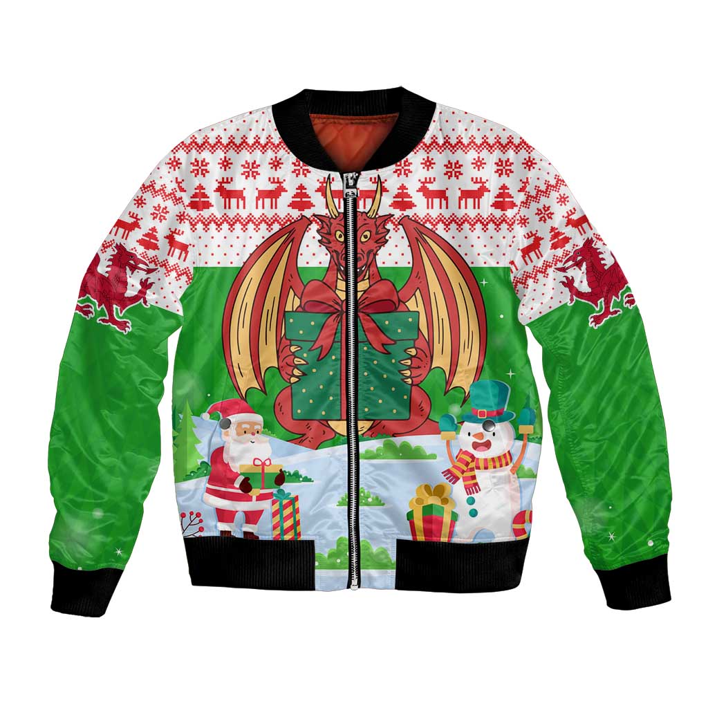 Wales Christmas Bomber Jacket with Red Dragon Gift and Holiday Crest Snow Scene - Wonder Print Shop