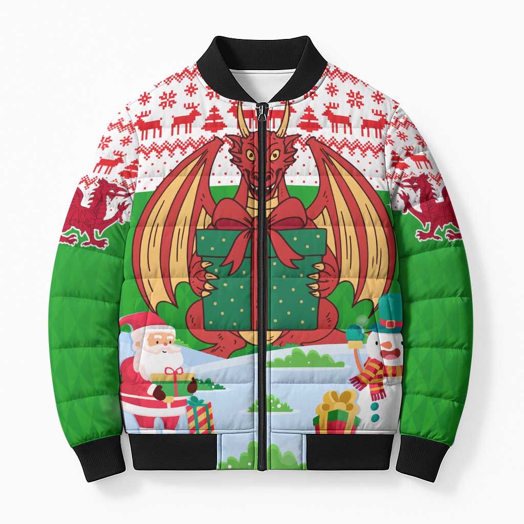 Wales Christmas Bomber Puffer Jacket with Red Dragon Gift and Holiday Crest Snow Scene - Wonder Print Shop