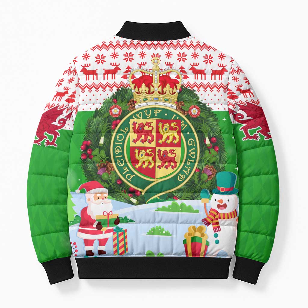 Wales Christmas Bomber Puffer Jacket with Red Dragon Gift and Holiday Crest Snow Scene - Wonder Print Shop