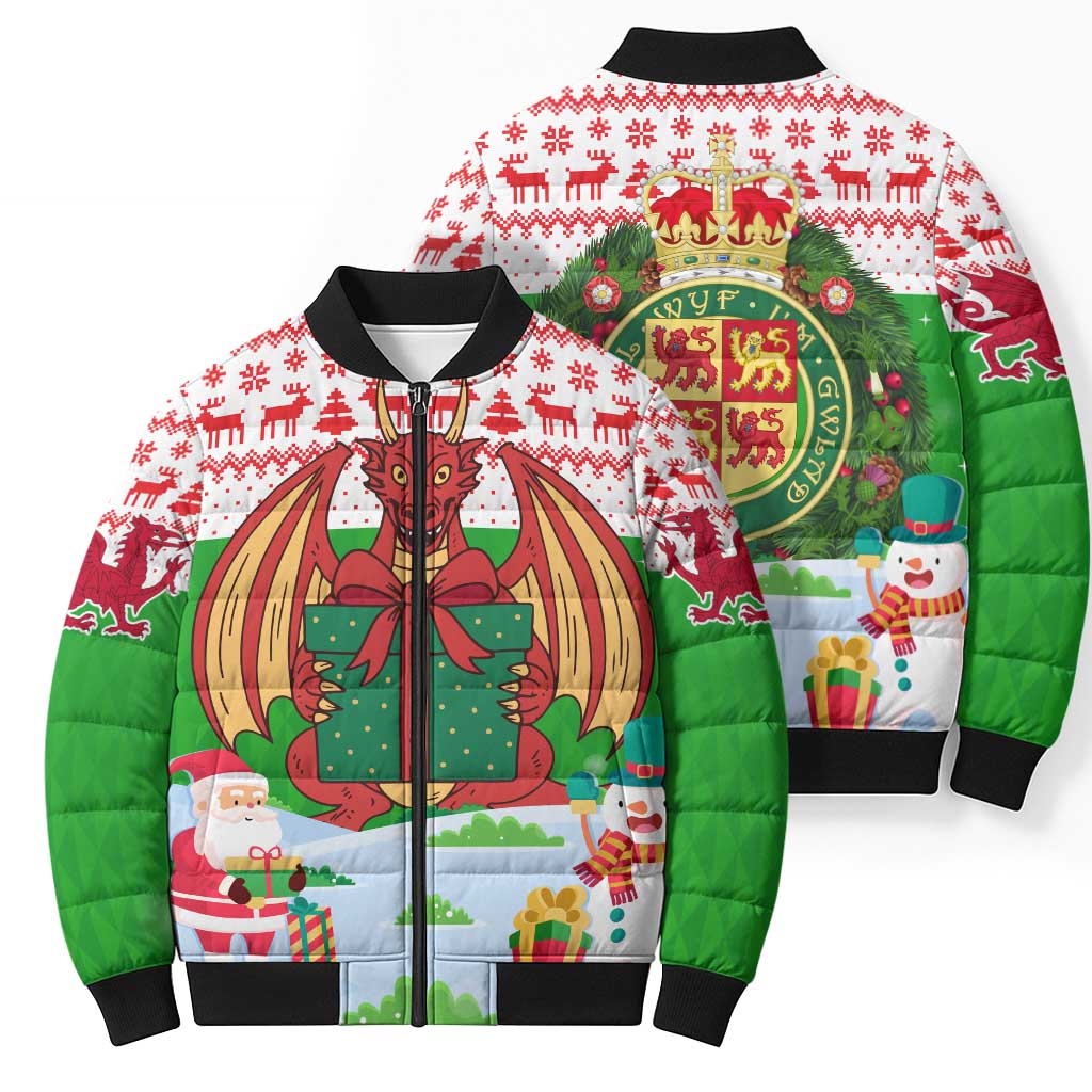Wales Christmas Bomber Puffer Jacket with Red Dragon Gift and Holiday Crest Snow Scene - Wonder Print Shop
