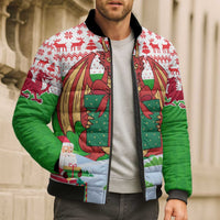 Wales Christmas Bomber Puffer Jacket with Red Dragon Gift and Holiday Crest Snow Scene - Wonder Print Shop