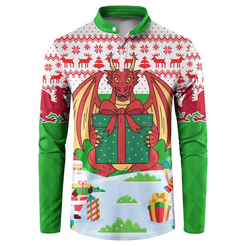 Wales Christmas Button Sweatshirt with Red Dragon Gift and Holiday Crest Snow Scene - Wonder Print Shop