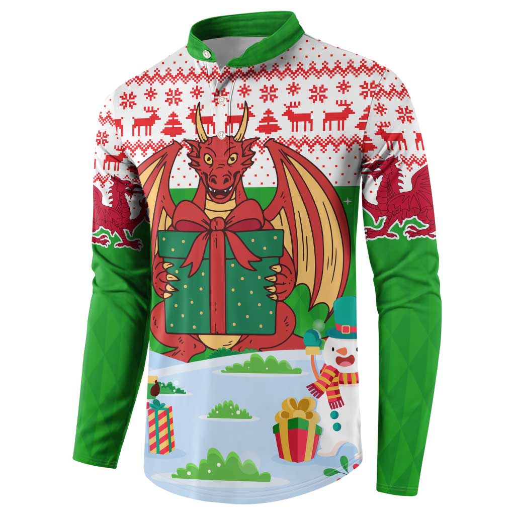Wales Christmas Button Sweatshirt with Red Dragon Gift and Holiday Crest Snow Scene - Wonder Print Shop