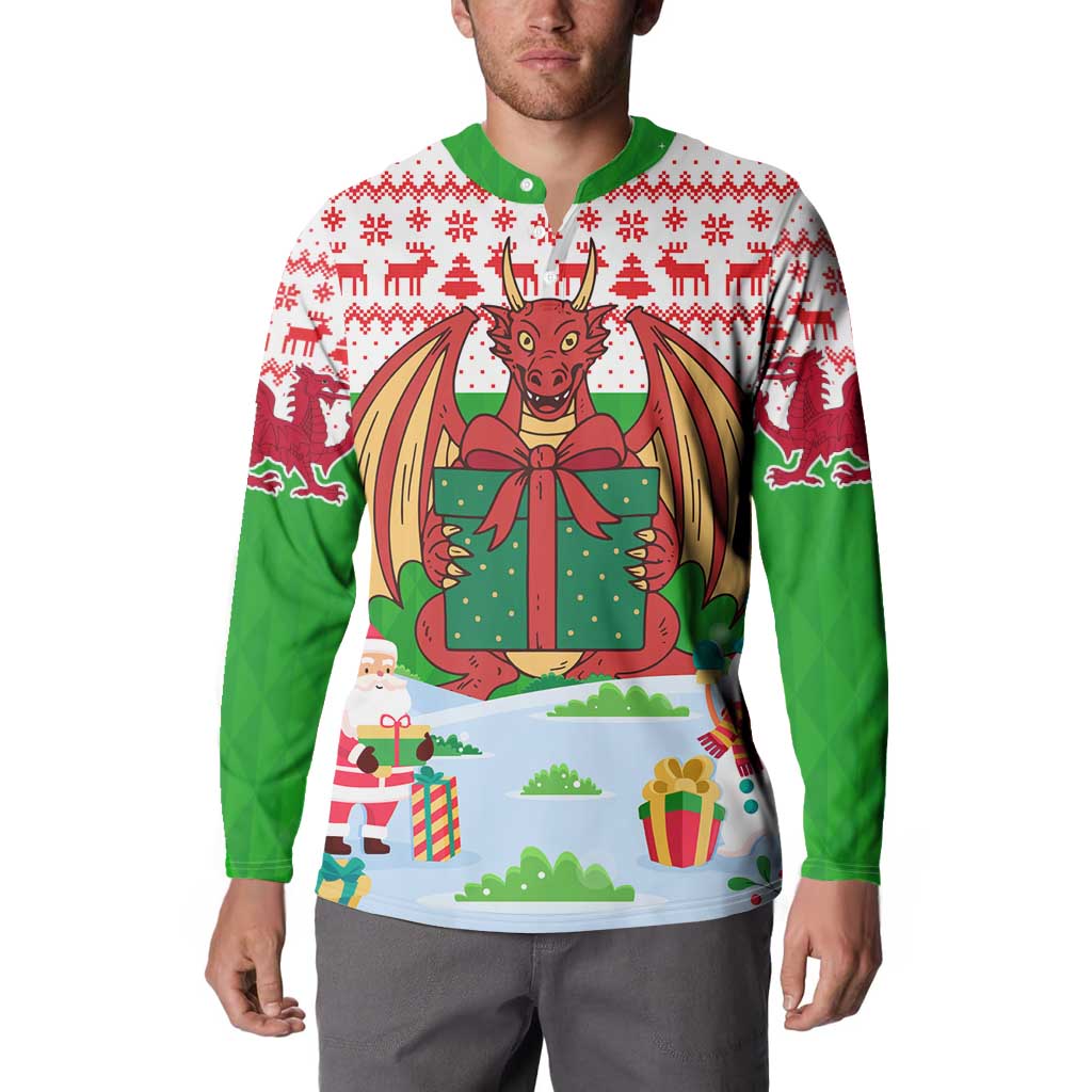 Wales Christmas Button Sweatshirt with Red Dragon Gift and Holiday Crest Snow Scene - Wonder Print Shop