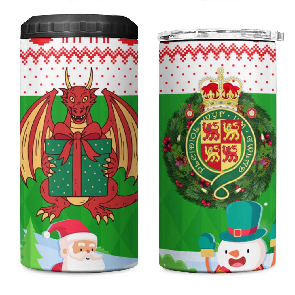 Wales Christmas 4 in 1 Can Cooler Tumbler with Red Dragon Gift and Holiday Crest Snow Scene - Wonder Print Shop