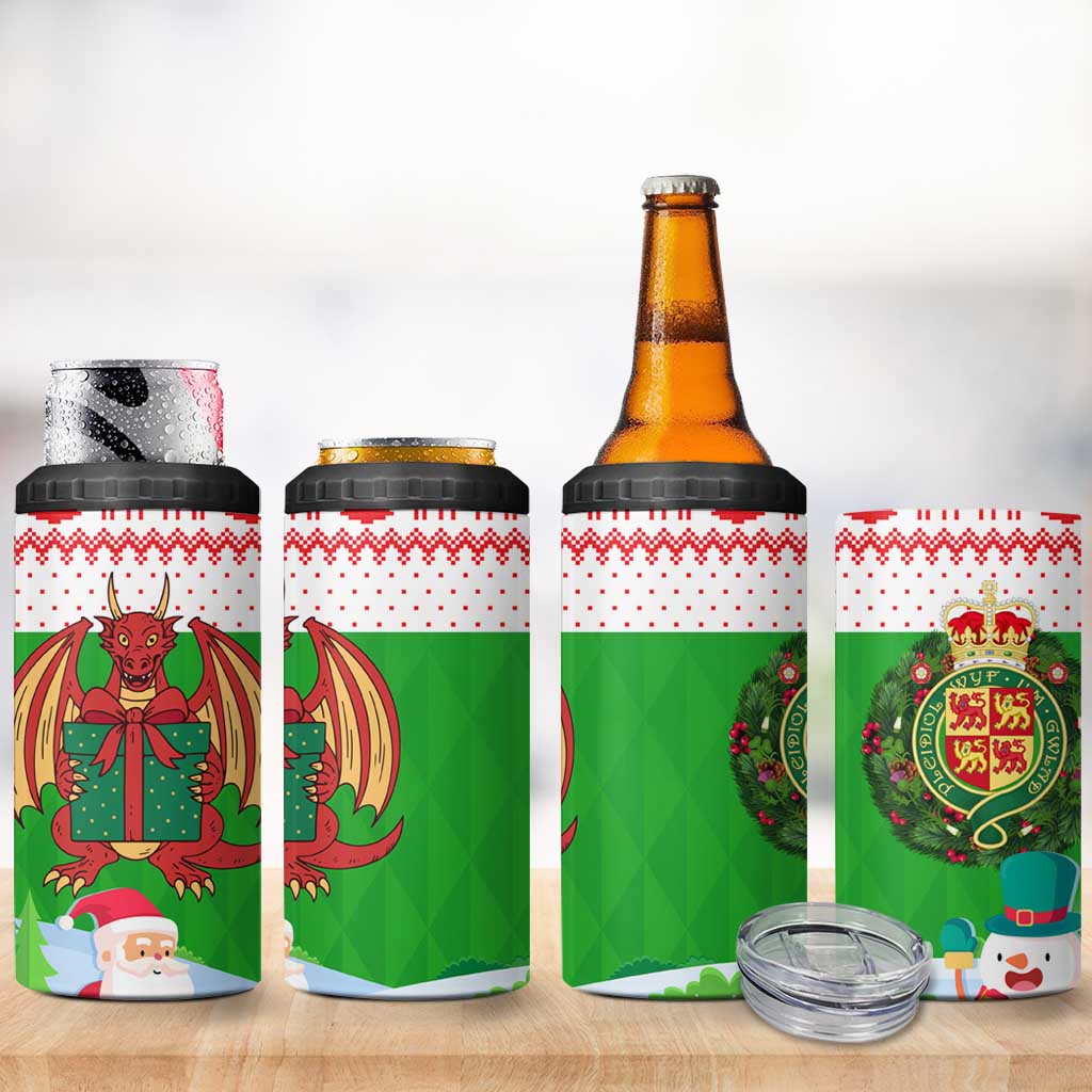 Wales Christmas 4 in 1 Can Cooler Tumbler with Red Dragon Gift and Holiday Crest Snow Scene - Wonder Print Shop