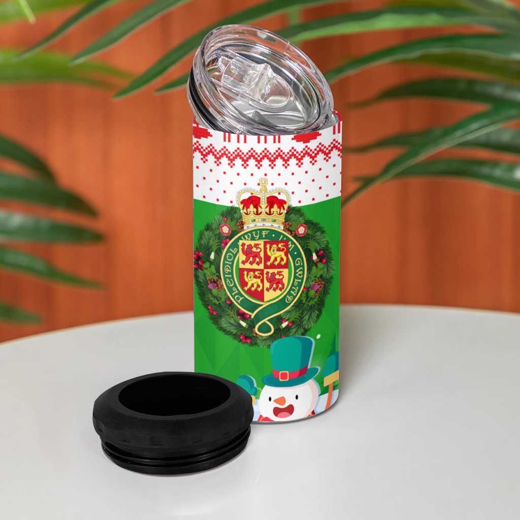 Wales Christmas 4 in 1 Can Cooler Tumbler with Red Dragon Gift and Holiday Crest Snow Scene - Wonder Print Shop
