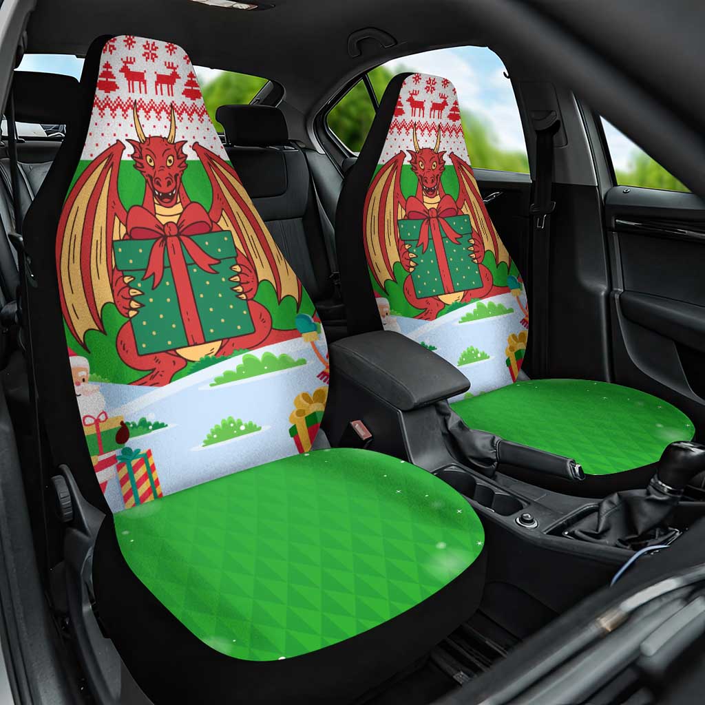 Wales Christmas Car Seat Cover with Red Dragon Gift and Holiday Crest Snow Scene - Wonder Print Shop