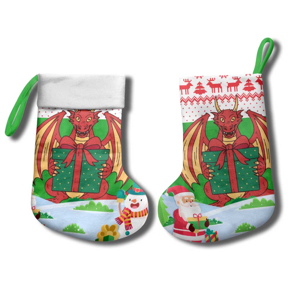 Wales Christmas Stocking with Red Dragon Gift and Holiday Crest Snow Scene - Wonder Print Shop