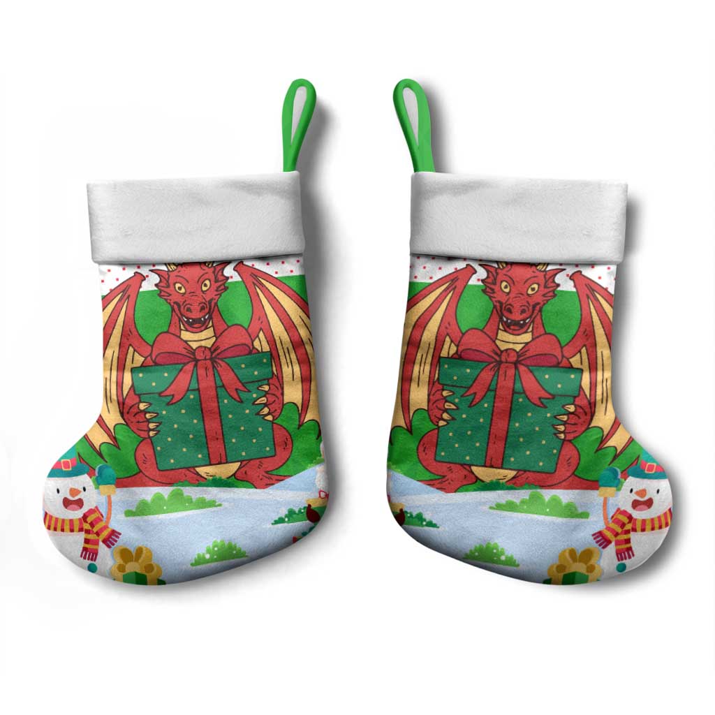Wales Christmas Stocking with Red Dragon Gift and Holiday Crest Snow Scene - Wonder Print Shop