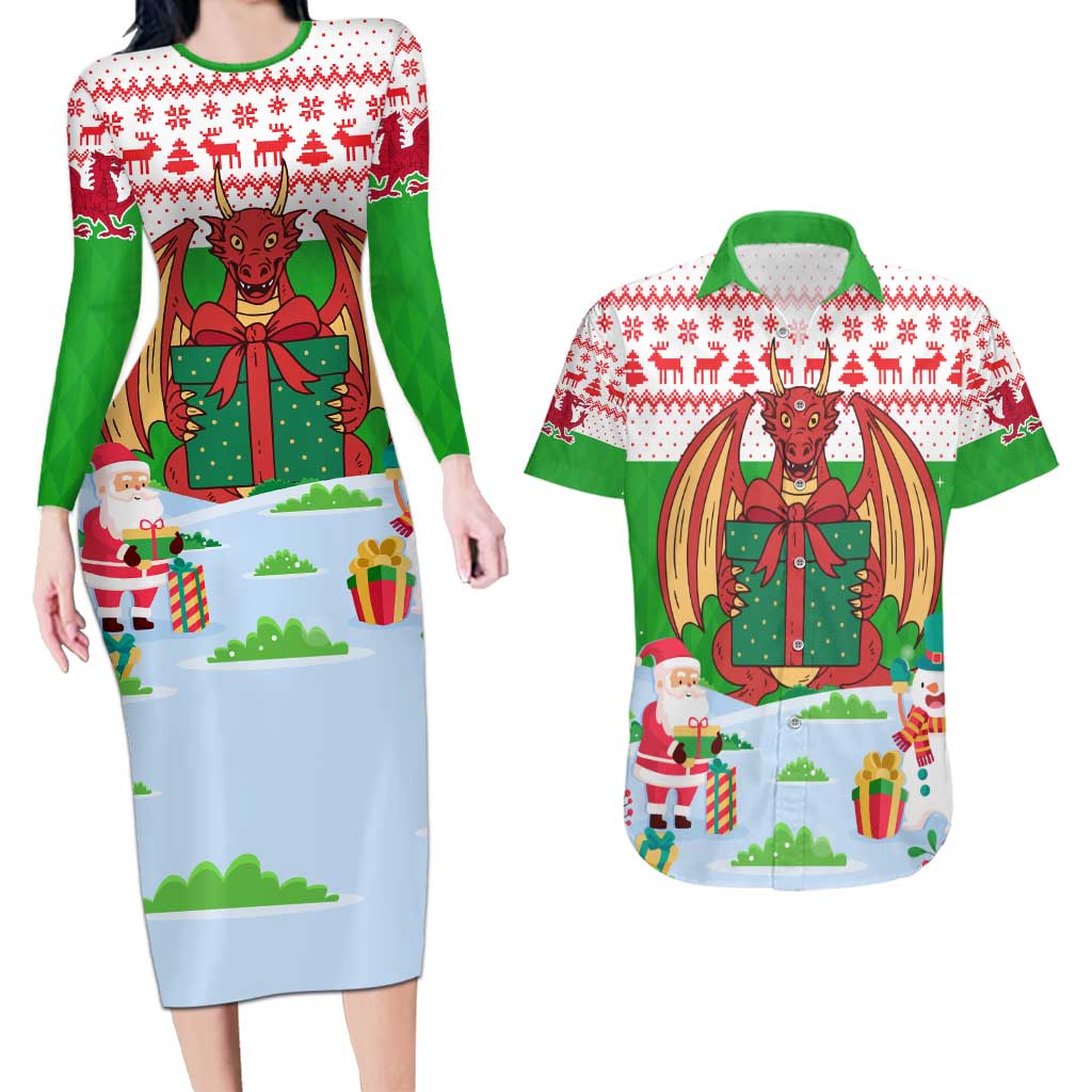 Wales Christmas Couples Matching Long Sleeve Bodycon Dress and Hawaiian Shirt with Red Dragon Gift and Holiday Crest Snow Scene - Wonder Print Shop