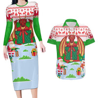 Wales Christmas Couples Matching Long Sleeve Bodycon Dress and Hawaiian Shirt with Red Dragon Gift and Holiday Crest Snow Scene - Wonder Print Shop