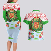 Wales Christmas Couples Matching Long Sleeve Bodycon Dress and Hawaiian Shirt with Red Dragon Gift and Holiday Crest Snow Scene - Wonder Print Shop