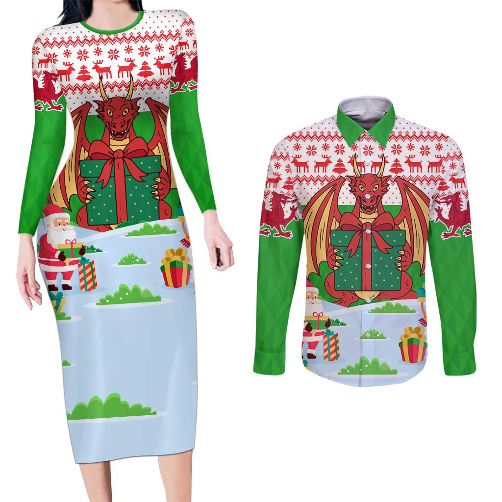 Wales Christmas Couples Matching Long Sleeve Bodycon Dress and Long Sleeve Button Shirt with Red Dragon Gift and Holiday Crest Snow Scene - Wonder Print Shop