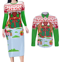 Wales Christmas Couples Matching Long Sleeve Bodycon Dress and Long Sleeve Button Shirt with Red Dragon Gift and Holiday Crest Snow Scene - Wonder Print Shop
