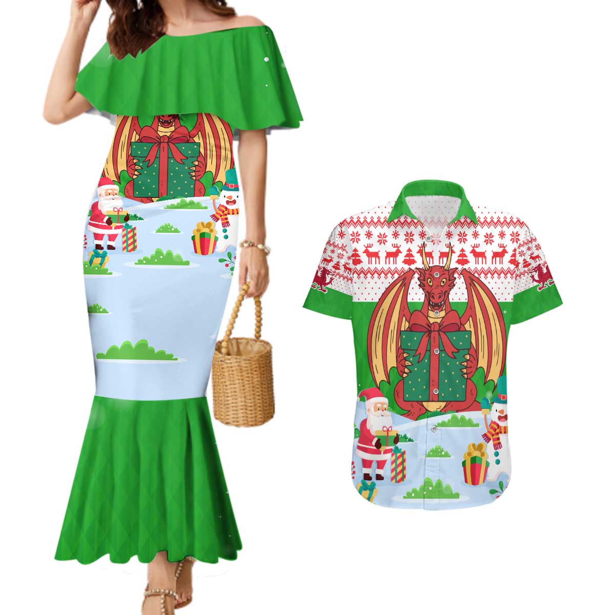 Wales Christmas Couples Matching Mermaid Dress and Hawaiian Shirt with Red Dragon Gift and Holiday Crest Snow Scene - Wonder Print Shop
