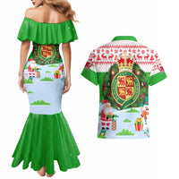 Wales Christmas Couples Matching Mermaid Dress and Hawaiian Shirt with Red Dragon Gift and Holiday Crest Snow Scene - Wonder Print Shop