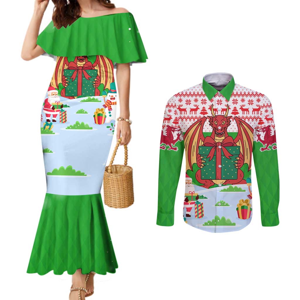 Wales Christmas Couples Matching Mermaid Dress and Long Sleeve Button Shirt with Red Dragon Gift and Holiday Crest Snow Scene - Wonder Print Shop
