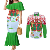 Wales Christmas Couples Matching Mermaid Dress and Long Sleeve Button Shirt with Red Dragon Gift and Holiday Crest Snow Scene - Wonder Print Shop