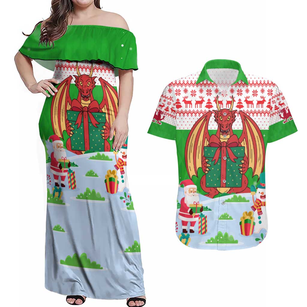 Wales Christmas Couples Matching Off Shoulder Maxi Dress and Hawaiian Shirt with Red Dragon Gift and Holiday Crest Snow Scene - Wonder Print Shop