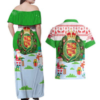 Wales Christmas Couples Matching Off Shoulder Maxi Dress and Hawaiian Shirt with Red Dragon Gift and Holiday Crest Snow Scene - Wonder Print Shop