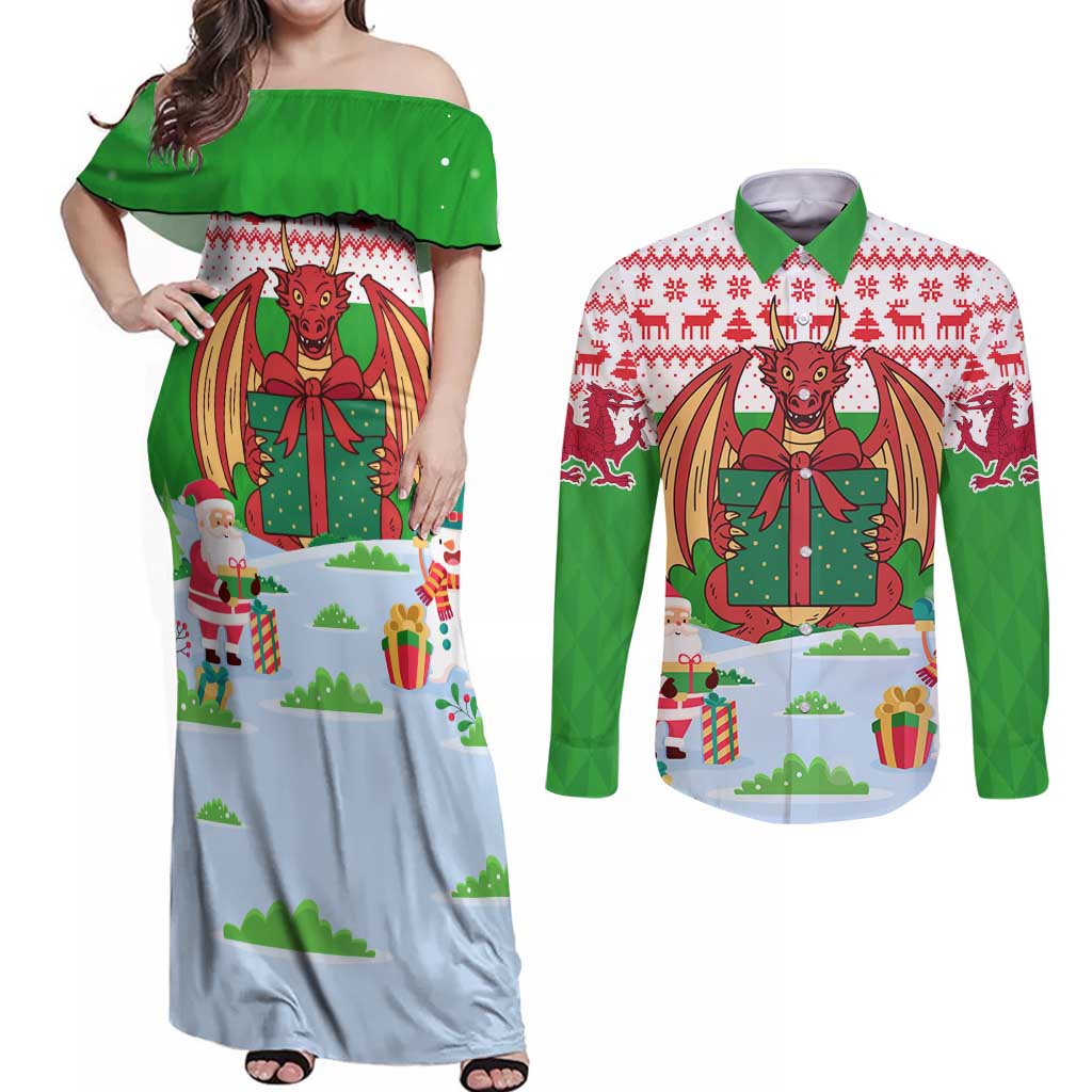 Wales Christmas Couples Matching Off Shoulder Maxi Dress and Long Sleeve Button Shirt with Red Dragon Gift and Holiday Crest Snow Scene - Wonder Print Shop