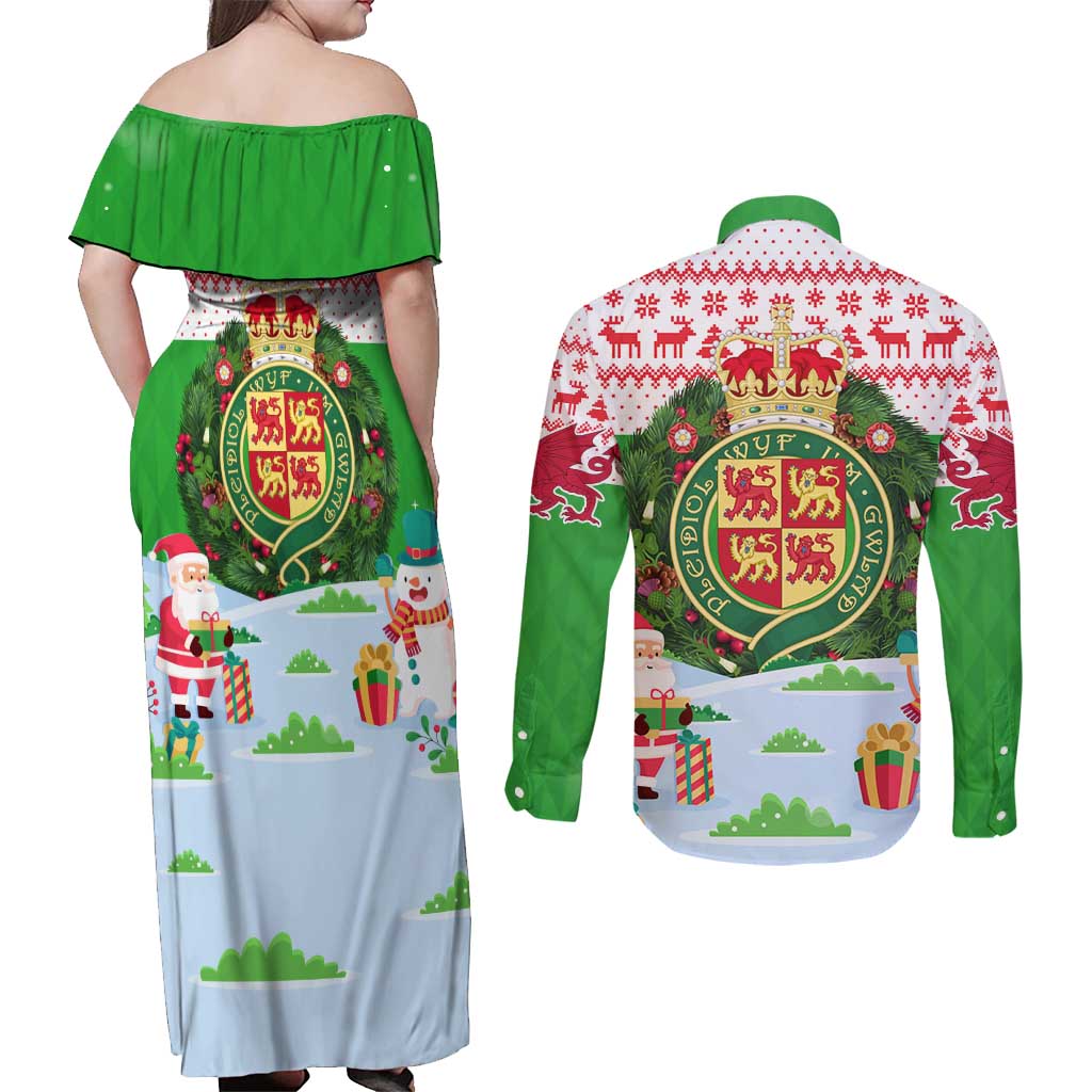 Wales Christmas Couples Matching Off Shoulder Maxi Dress and Long Sleeve Button Shirt with Red Dragon Gift and Holiday Crest Snow Scene - Wonder Print Shop
