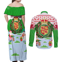 Wales Christmas Couples Matching Off Shoulder Maxi Dress and Long Sleeve Button Shirt with Red Dragon Gift and Holiday Crest Snow Scene - Wonder Print Shop