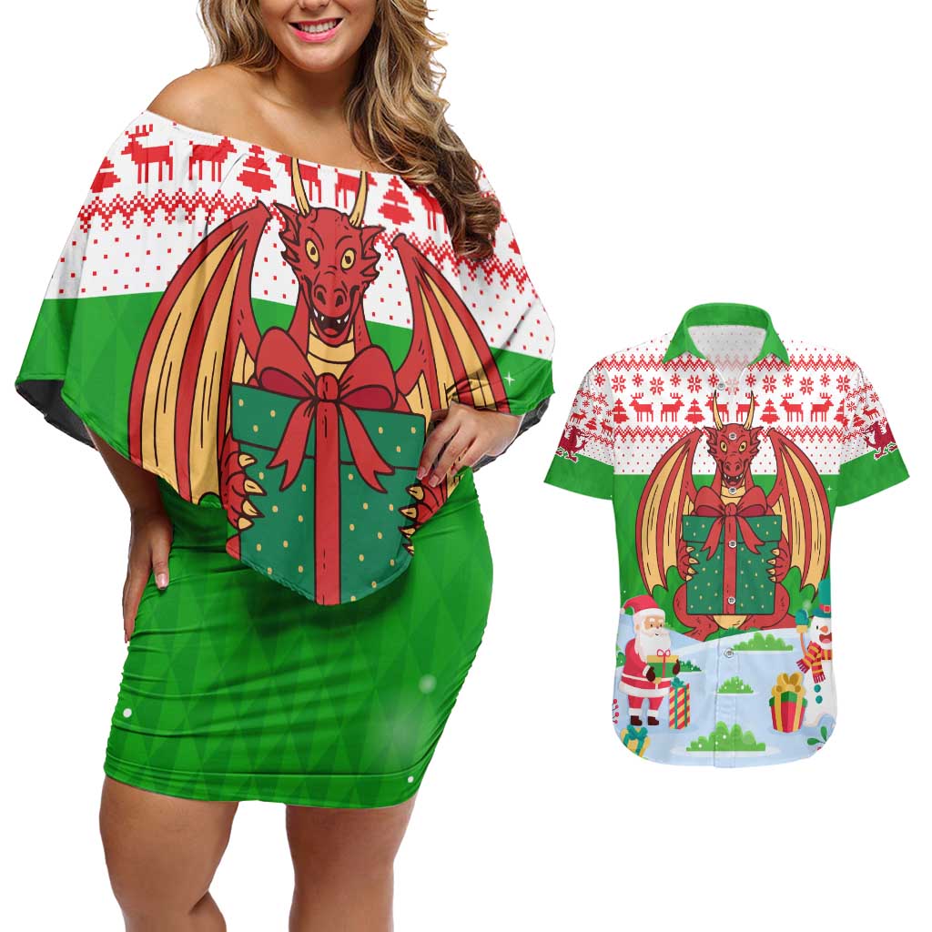 Wales Christmas Couples Matching Off Shoulder Short Dress and Hawaiian Shirt with Red Dragon Gift and Holiday Crest Snow Scene - Wonder Print Shop