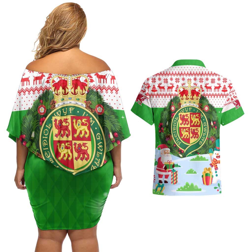 Wales Christmas Couples Matching Off Shoulder Short Dress and Hawaiian Shirt with Red Dragon Gift and Holiday Crest Snow Scene - Wonder Print Shop