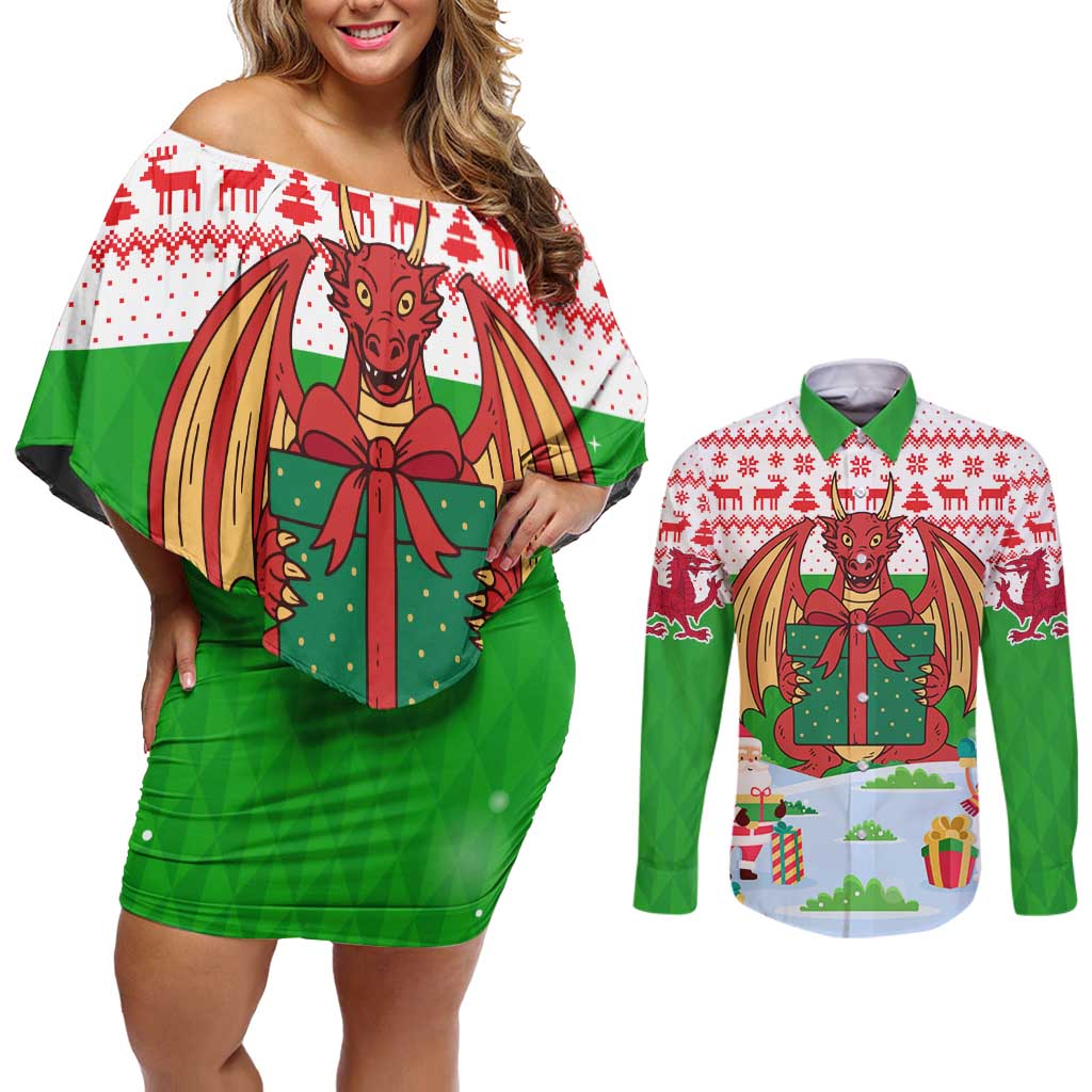 Wales Christmas Couples Matching Off Shoulder Short Dress and Long Sleeve Button Shirt with Red Dragon Gift and Holiday Crest Snow Scene - Wonder Print Shop