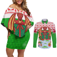 Wales Christmas Couples Matching Off Shoulder Short Dress and Long Sleeve Button Shirt with Red Dragon Gift and Holiday Crest Snow Scene - Wonder Print Shop
