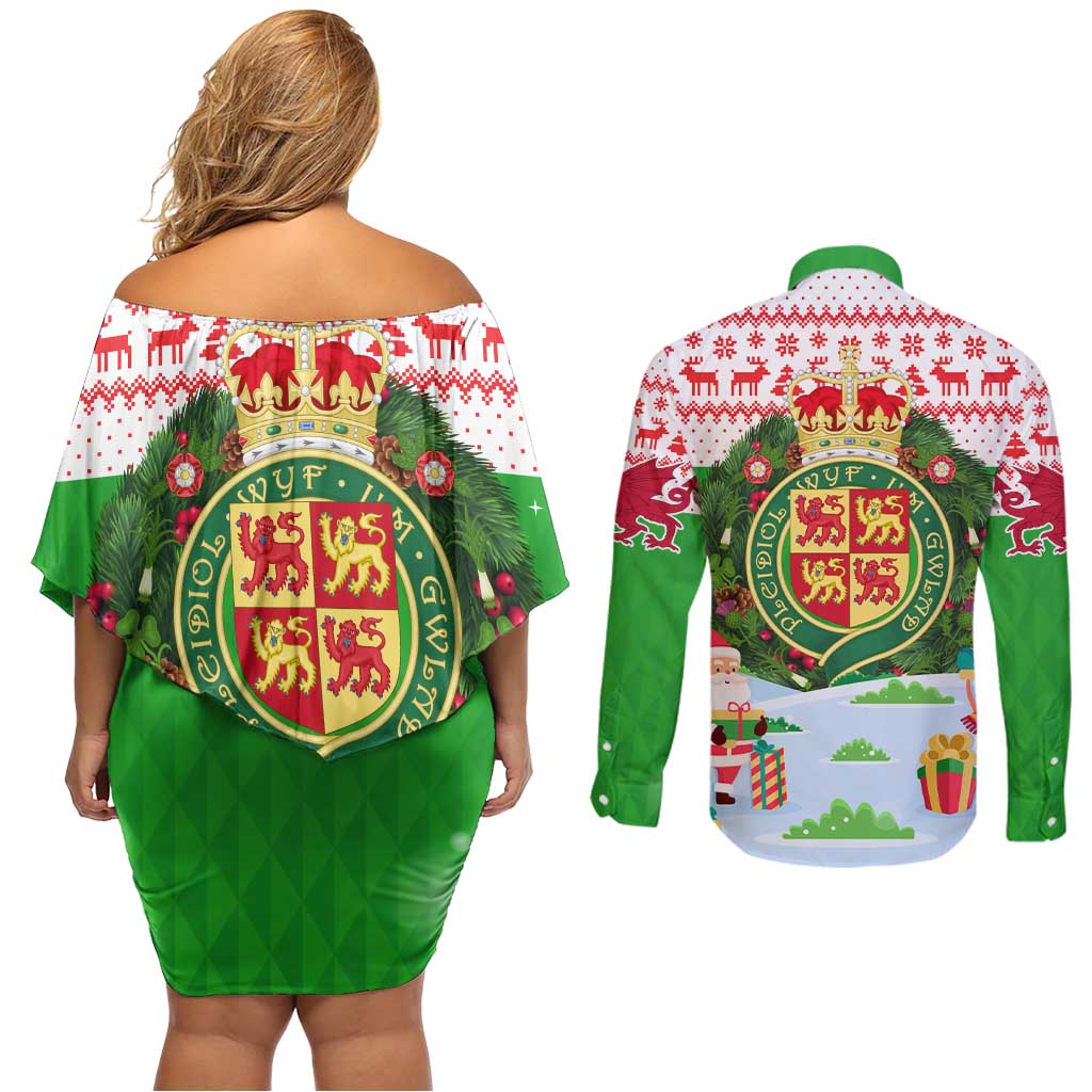Wales Christmas Couples Matching Off Shoulder Short Dress and Long Sleeve Button Shirt with Red Dragon Gift and Holiday Crest Snow Scene - Wonder Print Shop