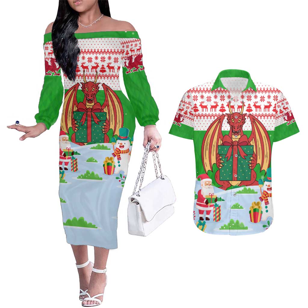 Wales Christmas Couples Matching Off The Shoulder Long Sleeve Dress and Hawaiian Shirt with Red Dragon Gift and Holiday Crest Snow Scene - Wonder Print Shop