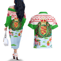 Wales Christmas Couples Matching Off The Shoulder Long Sleeve Dress and Hawaiian Shirt with Red Dragon Gift and Holiday Crest Snow Scene - Wonder Print Shop
