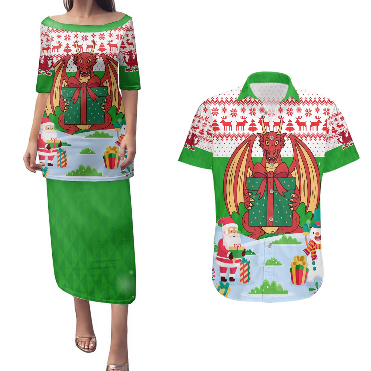 Wales Christmas Couples Matching Puletasi and Hawaiian Shirt with Red Dragon Gift and Holiday Crest Snow Scene - Wonder Print Shop