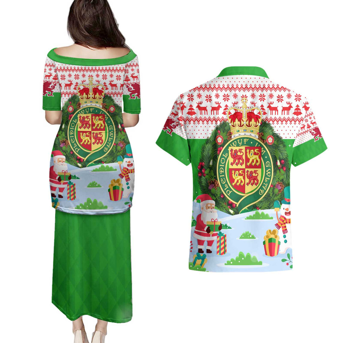 Wales Christmas Couples Matching Puletasi and Hawaiian Shirt with Red Dragon Gift and Holiday Crest Snow Scene - Wonder Print Shop