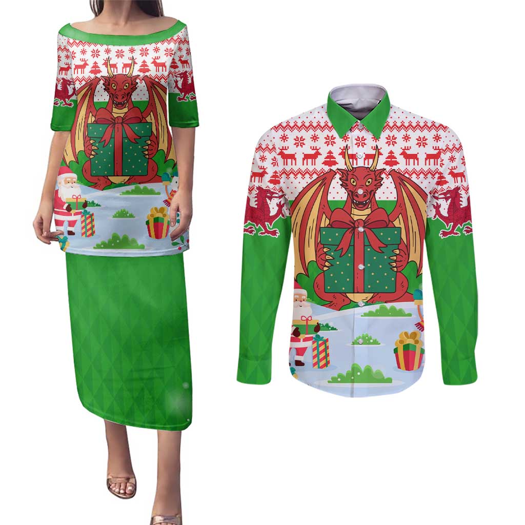 Wales Christmas Couples Matching Puletasi and Long Sleeve Button Shirt with Red Dragon Gift and Holiday Crest Snow Scene - Wonder Print Shop