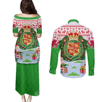 Wales Christmas Couples Matching Puletasi and Long Sleeve Button Shirt with Red Dragon Gift and Holiday Crest Snow Scene - Wonder Print Shop