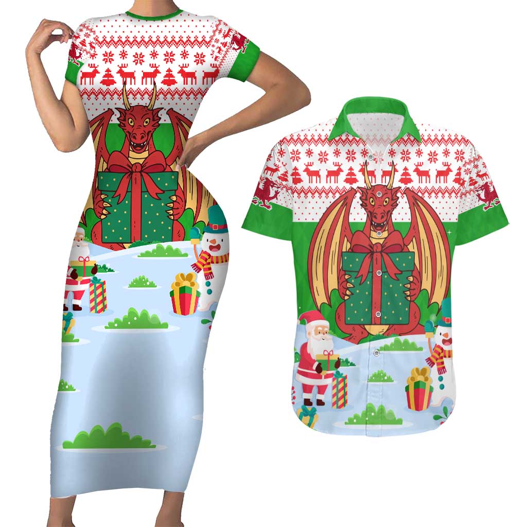 Wales Christmas Couples Matching Short Sleeve Bodycon Dress and Hawaiian Shirt with Red Dragon Gift and Holiday Crest Snow Scene - Wonder Print Shop