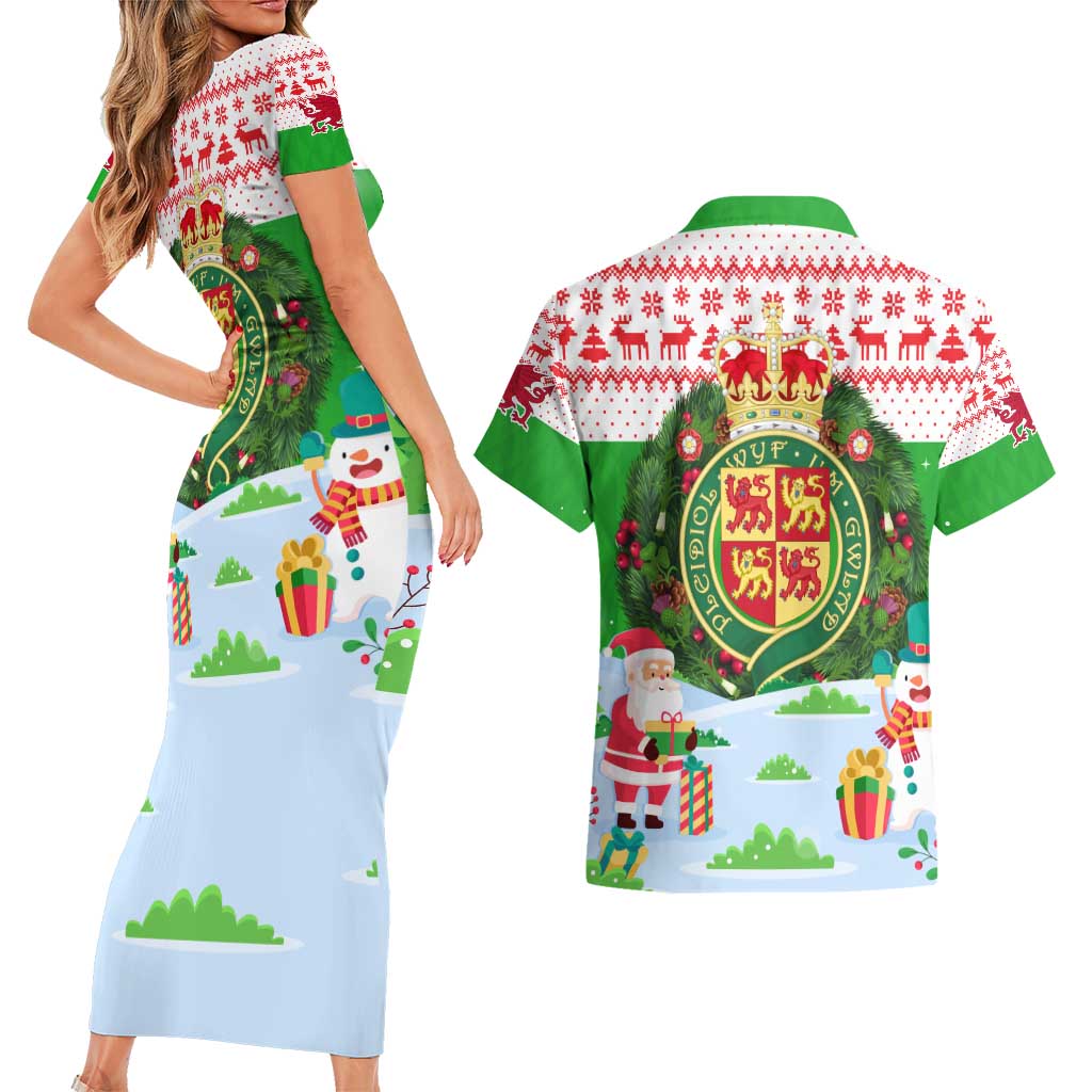 Wales Christmas Couples Matching Short Sleeve Bodycon Dress and Hawaiian Shirt with Red Dragon Gift and Holiday Crest Snow Scene - Wonder Print Shop